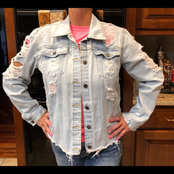 Pretty Little Thing distressed denim jacket size L - Picture 5 of 11